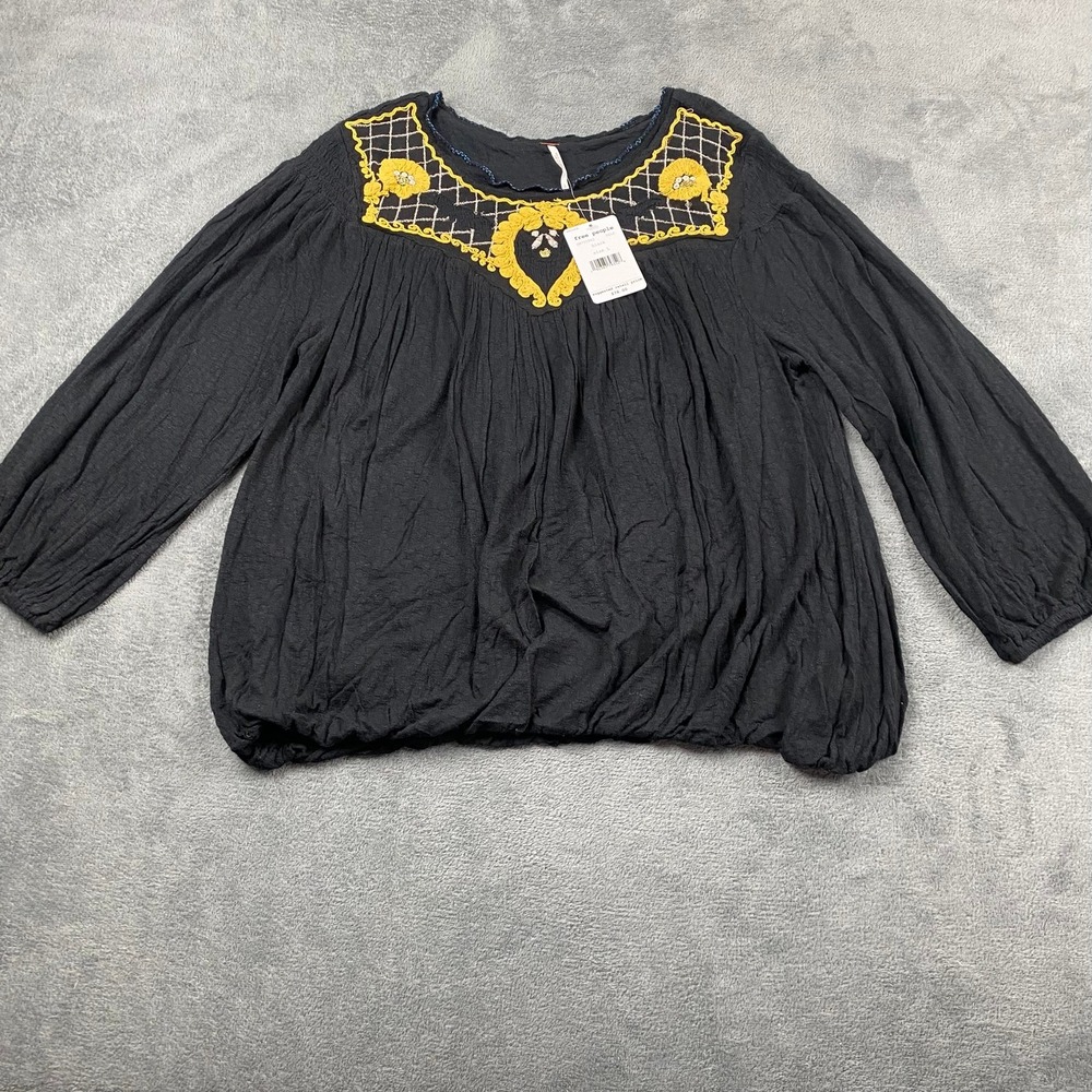 NWT Free People Women L Blouse Black Embroidered Boho Peasant Top